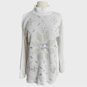 Vtg 90's Small Oversized Ivory Rhinestone Embellished Ramie Cotton Sweater